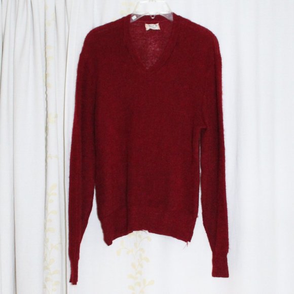Vintage 50s Shag Brand NY Knitting Mills Maroon Wool Blend V-Neck Sweater Mens S - Picture 1 of 14